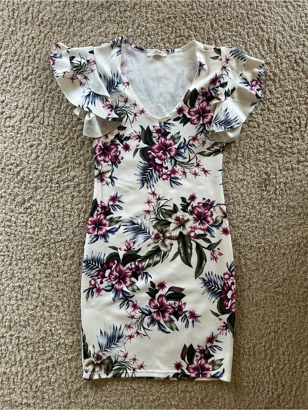 Floral V-Neck Ruffle Sleeve Dress - White with Plum Floral
